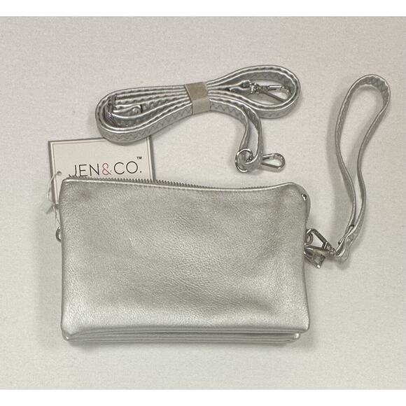 Jen & Co Riley Vegan Crossbody Purse w Shoulder Strap & Wristlet Silver Gray NWT - Picture 1 of 8